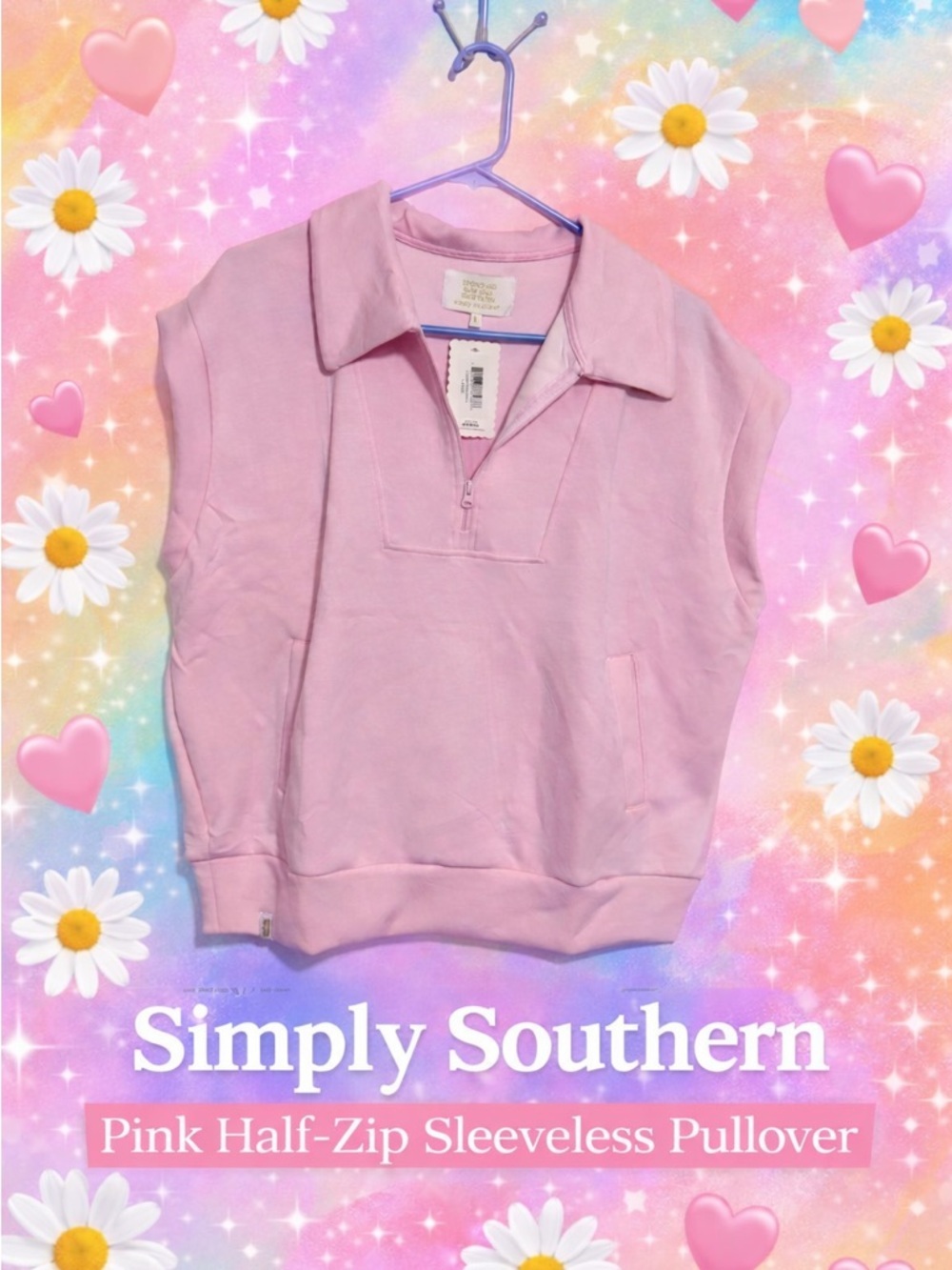 Simply Southern Pink Half-Zip Sleeveless Pullover Sweatshirt Large NWT